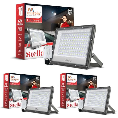 Image of Murphy Stellar 30W LED Flood Light with Day-Night Sensor & Driver, Cool White 6500K, IP66 Waterproof, Outdoor Security & Landscape Lighting, BIS Approved, 2-Year Warranty - Pack of 3