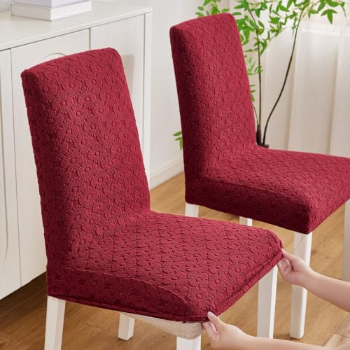 Image of HOMETHREADS Elastic Jacquard Chair Cover Stretch Removable Washable Short Dining Chair Cover Protector Seat Slipcover (D Maroon, Pack of 1)