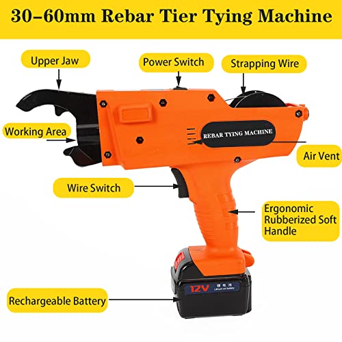 Rebar Tie Gun, 30-60mm Rebar Tier Tying Machine, Electric Reinforcing Rebar Tier Gun, With Case and Rechargeable 13200Mah Battery, Automatic Rebar Tying Tool, With Pliers+ Charger, Orange