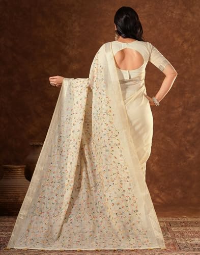 Image of SIRIL Women's Cotton Linen Embroidery Work Saree with Unstitched Blouse Piece