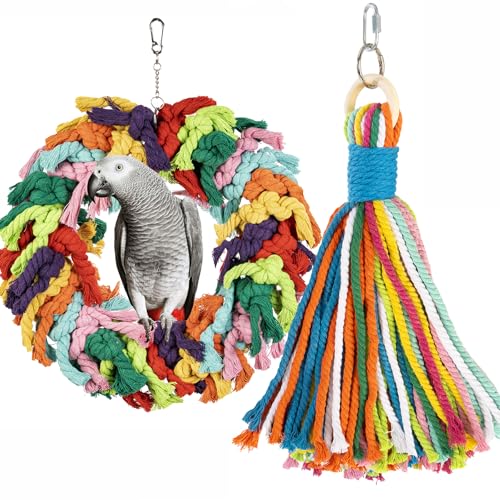 Image of Parrot Swing for Large Birds - Colorful Cotton Rope Hanging Ring Toy for African Grey, Cockatoo, Conure, and Parakeet | Chewing, Exercise, Climbing, and Snuggling (Parrot Swing+Colorful Rope)