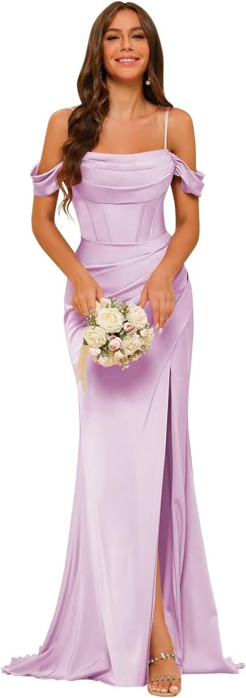 PUXIU Long Satin Bridesmaid Dresses with Silt 2026 Mermaid Formal Dress PUS046