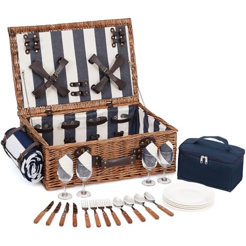 HappyPicnic Extra Large Willow Picnic Basket for 4 Persons or More, 22.85' x 15.35' Handmade Natural Wicker Picnic Hamper Set with Waterproof Fleece Blanket, Food Cooler, and Tableware