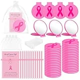 Geetery 24 Set Breast Cancer Awareness Gifts Set for Women Compact Folding Mirrors, Pink Ribbon Bracelets, Organza Bags for Breast Cancer Charity Event Survivor Campaign Party Accessories(Pink)