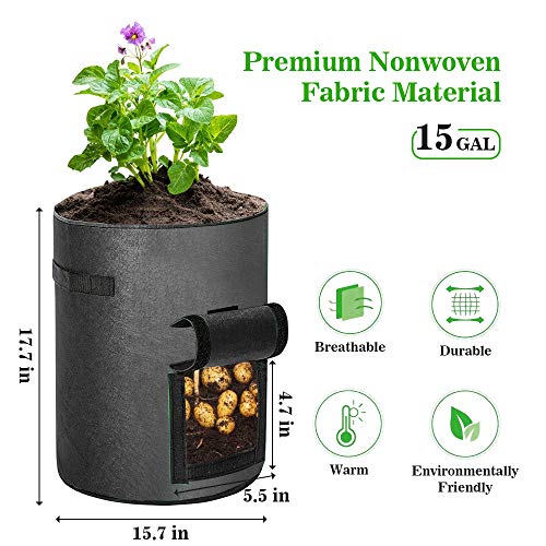 KAUFAM 5 Pack Plant Grow Bag 15 Gallon for Potato Tomato Carrot & Other Vegetable with Harvest Window and Handles, Easy to Use Flower Non-Woven Growing Bag Planting Box Container Garden Indoor Outdoor - Thumbnail 3
