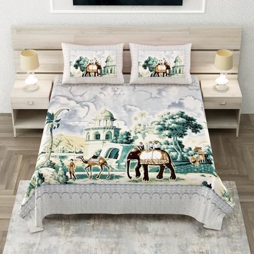 Image of 240 TC 100% Cotton Bedsheet for Double Bed King Size with 2 Pillow Covers | Breathable & Super Soft Rajasthani Sanganeri Jaipuri Printed Bed Sheet -108 * 108 Inches (Elephant 1)