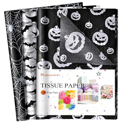 NACHLYNN 90 Sheets Halloween Tissue Paper Bulks 14 x 20inch Black White Pumpkin Cobweb Bat Gift Wrapping Paper Scary Horror Decorative Wrap Tissue for Halloween Party Decorations Crafts
