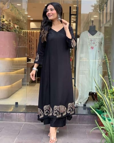 Image of Women's Black Kurti with Palazzo Set, Floral Print, Ethnic Wear, Straight Kurta