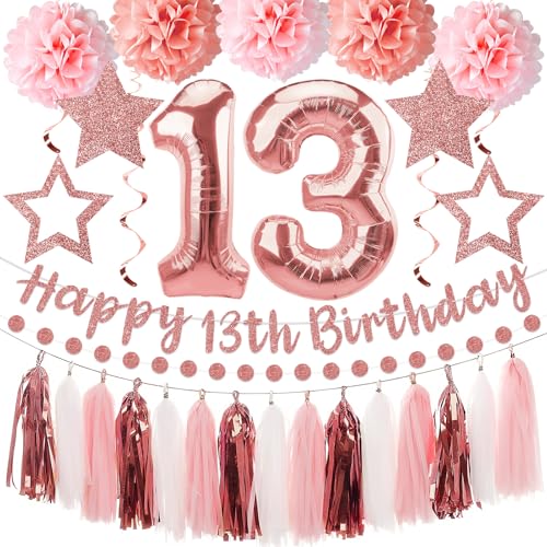Kuxriox 13Pcs Happy 13th Birthday Decorations for Girls Pink Rose Gold 13th Birthday Banner and Balloons Glittery 13 Year Old Bday Tissue Pompoms Circle Dots Garland Tassel Garland Party Supplies