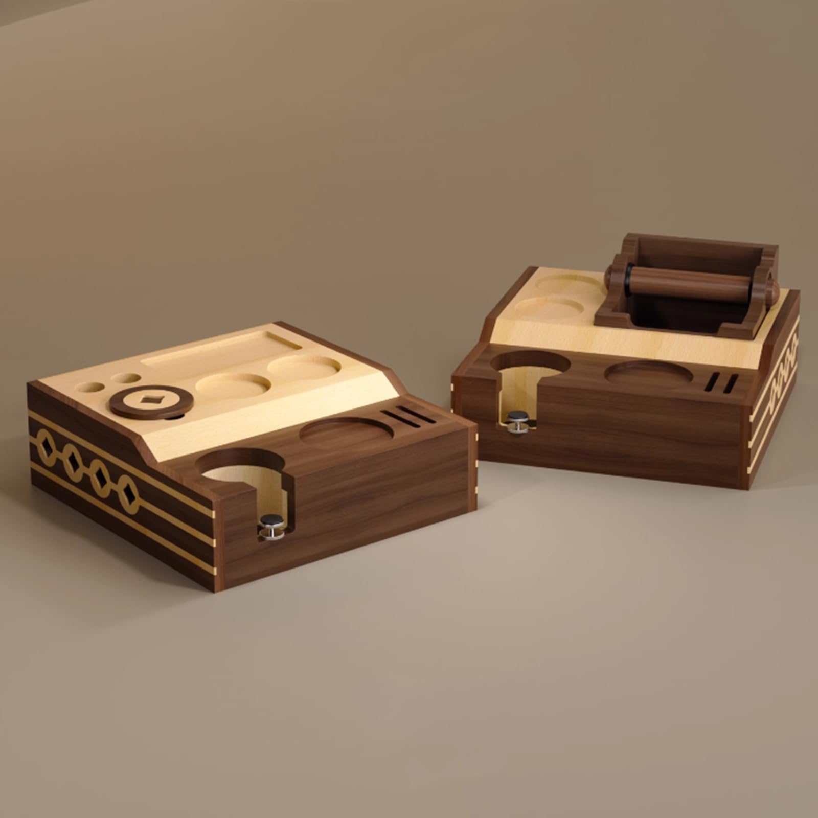 Espresso-Stopfstation, Holz-Kaffee-Organizer-Box mit Tamperhalter, Verteilerschlitz, Aufbewahrung für 51–58 mm Siebträger