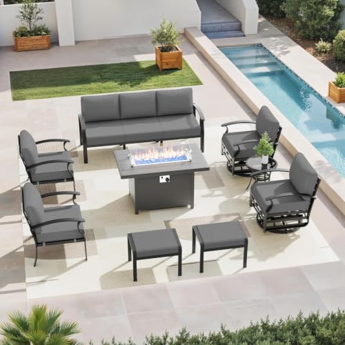 Image of Aluminum Patio Furniture Set with Fire Pit Table, 9 Seats Metal Outdoor Sectional Sofa with Swivel Chair, Modern Patio Conversation Sets with Upgrade Cushions for Patio, Deck, Backyard - Grey