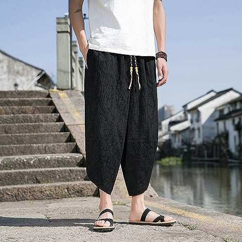 Seidarise Men's Japanese Kimono Traditional Beach Pants Linen Capri Summer Harem Shorts Wide Leg Cropped Pant3