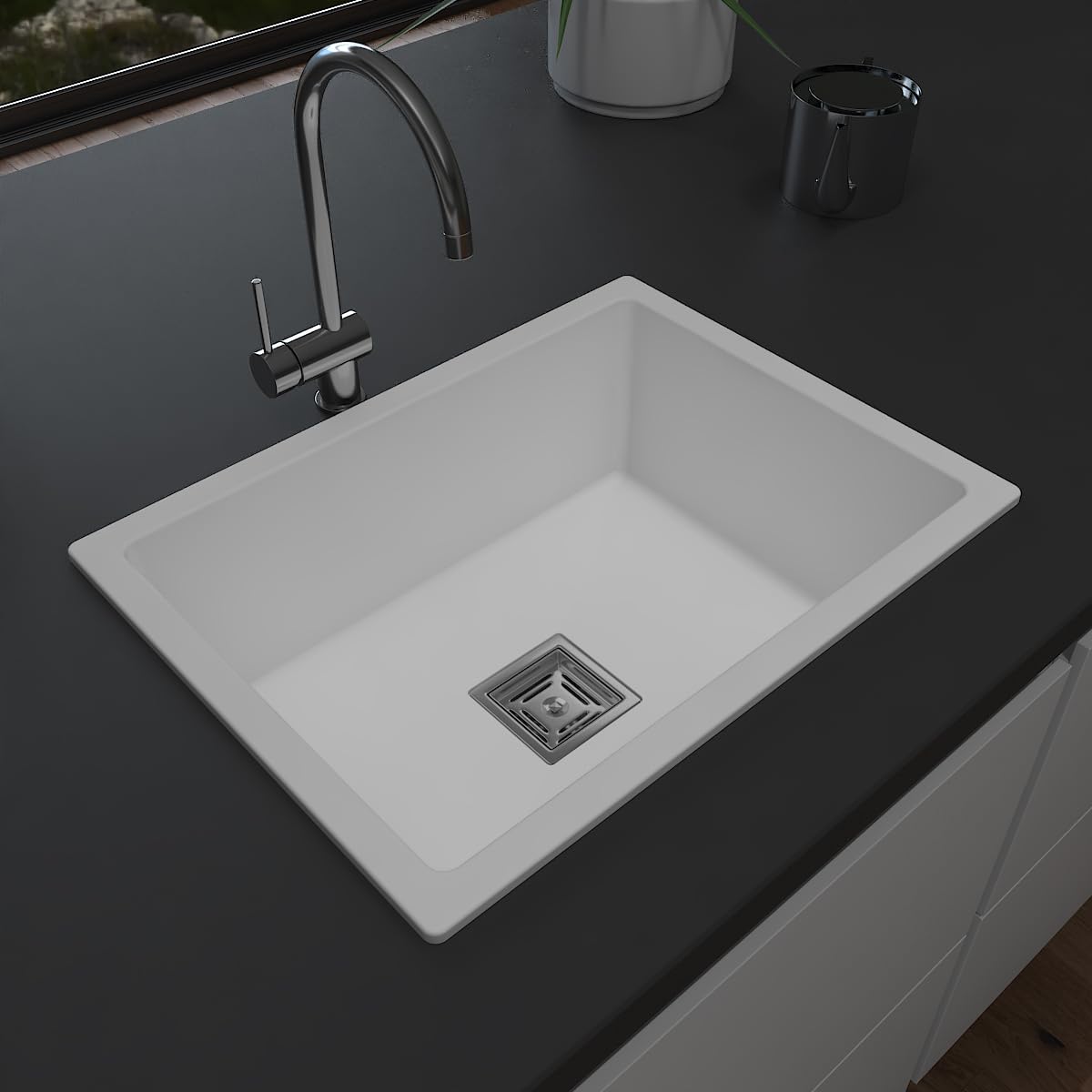 Hardstone Quartz Sink For Kitchen 16x18x8.5 IN – White Granite Kitchen Sink With Waste coupling & PVC Pipe | Smooth Finish, UV Protected, Top & Under Mount Sink | Sink With 10 Year Warranty