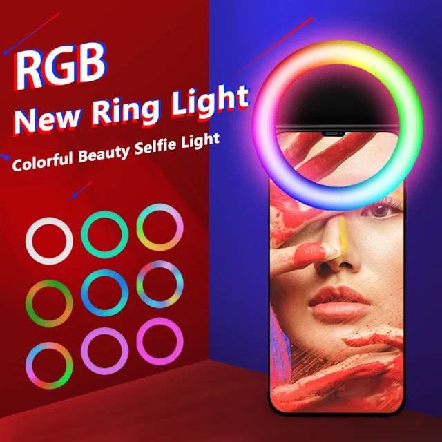 Image of ZETY RGB Selfie Ring Light for iPhone Clip on Ring Light for Computer Laptop Circle Selfie Light Ring LED Zoom Light for Phone Photography Camera Video Girl Make up Lights Rechargeable - (Black)