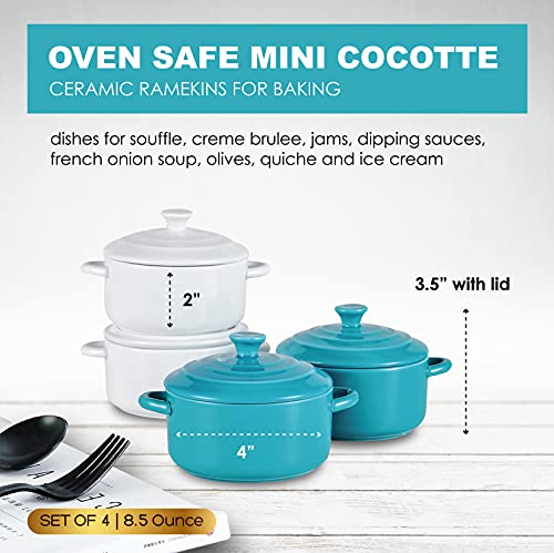 Bruntmor 8.5 Oz Mini Cocotte Ceramic Ramekins For Baking, Mini Casserole Dish With Lid, Cute Stoneware Individual Severing Pot, Ramekins 8 Ounce Oven Safe Souffle Dish (Teal,White) #TOP1