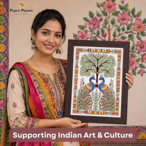 Image of PAPER PAJAMA Peacock Tree of Life Wall Art for Living Room | Madhubani Mithila Folk Painting | Traditional Indian Bird Artwork Framed Home Decor for Bedroom, Office & Hall (10x13 Inches)