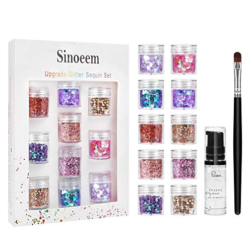 Sinoeem 10 Face Glitter Cosmetic Reflective Chunky Cosmetic Glitter for Face Body and Hair(Includes Long Lasting Fix Gel and brush) Festival and Party Beauty Makeup (10 Color)