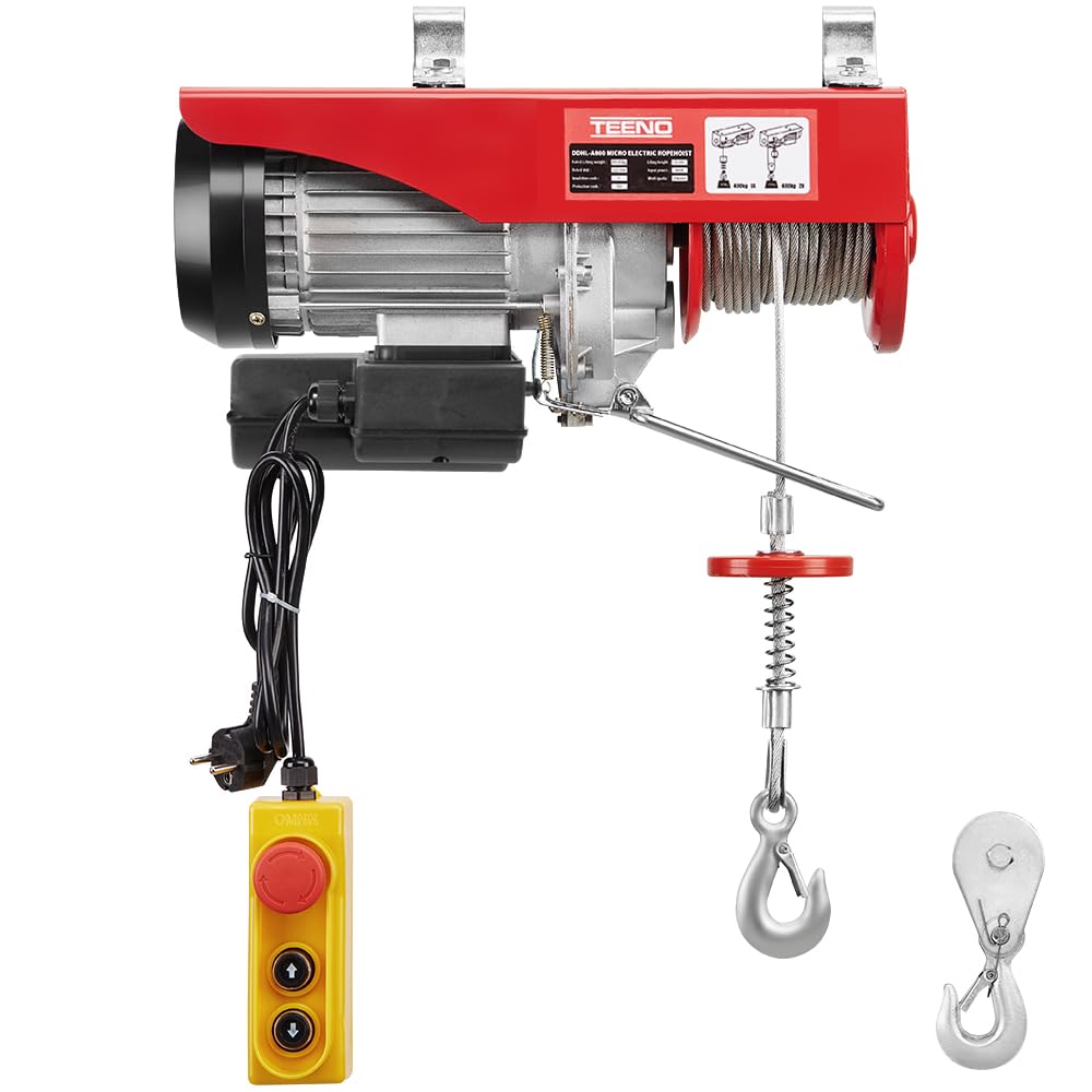TEENO Paranco elettrico 1450 W, Sovraccarico Ascensore Verricello elettrico 220 V 20 M, sospensione singola e doppia, 400 KG/800 KG, 6 m/min |12 m/min Rosso (400 kg/800 kg)