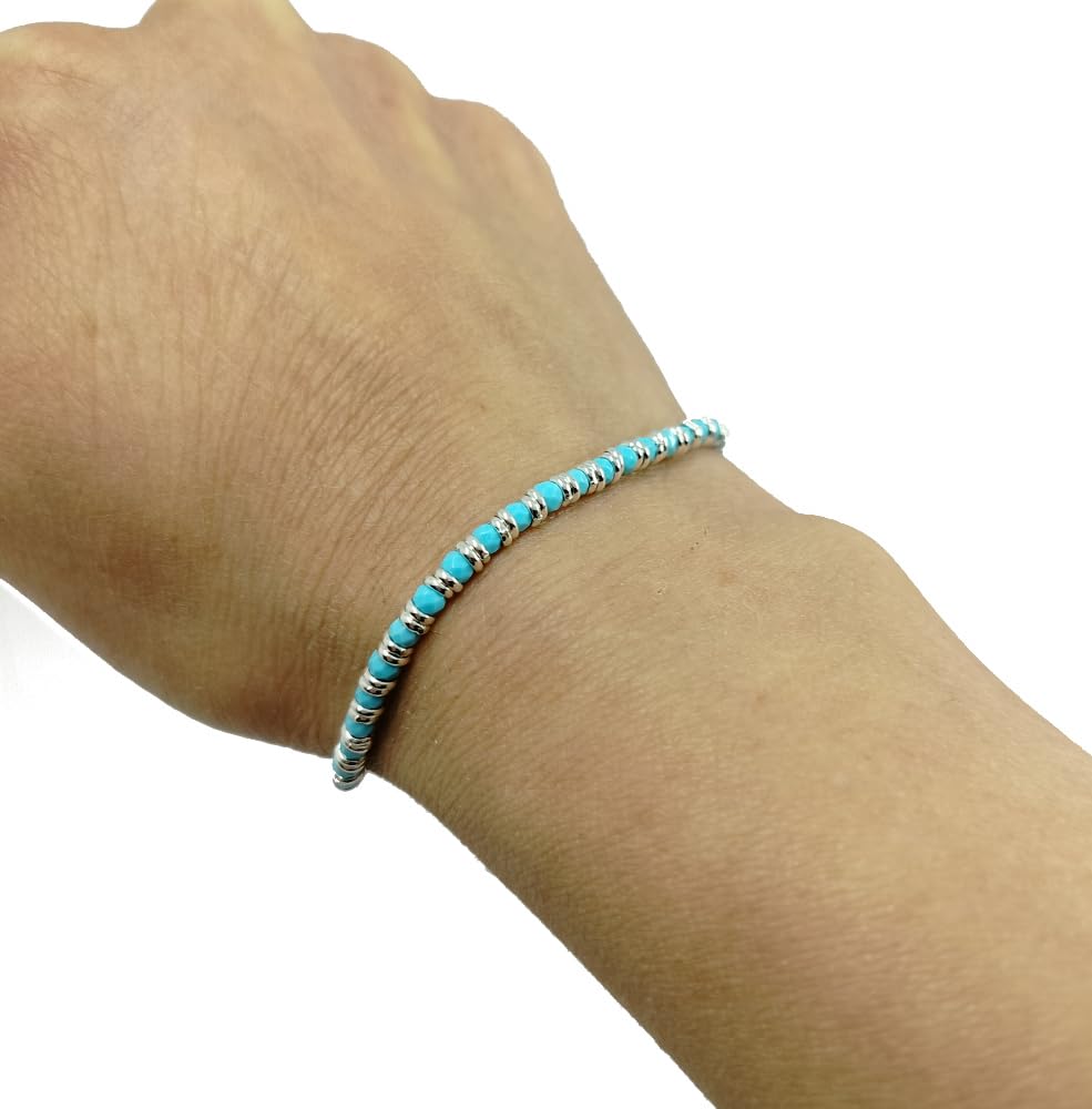 VLNET | Bracciale Spadarella con Anellini in Argento 925 diametro 3 mm e Pietra Naturale Turchese | Unisex Lunghezza 19 cm | Fatto a Mano in Italia