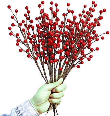 WsCrofts 12Pcs Artificial Red Berries Stems, 13.5" Waterproof Burgundy Berry Branches for Home Holiday Wedding DIY Christmas Tree Wreath Flower Decor