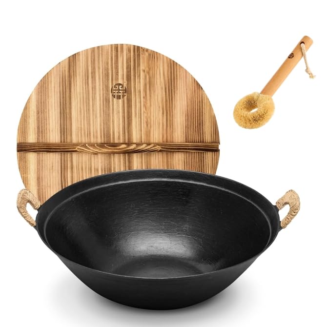 Image of WANGYUANJI 13.4" Cast Iron Wok with Lid, Dual Handles - Flat Bottom Chinese Stir Fry Pan for Induction & Gas Stoves - Traditional Handcrafted Turtle Shell Texture, Uncoated & Non-Toxic