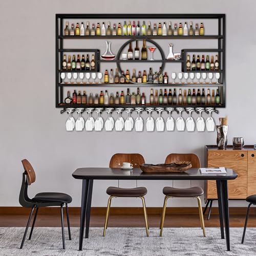 Image of 47in Wine Rack Wall Mounted, Large Capacity Hanging Wine Bottles Display Shelf with Glasses Holder, 4 Tier Industrial Bar Liquor Storage Shelves for Home Bar Kitchen,Living Room (Gold, 47in /120cm)