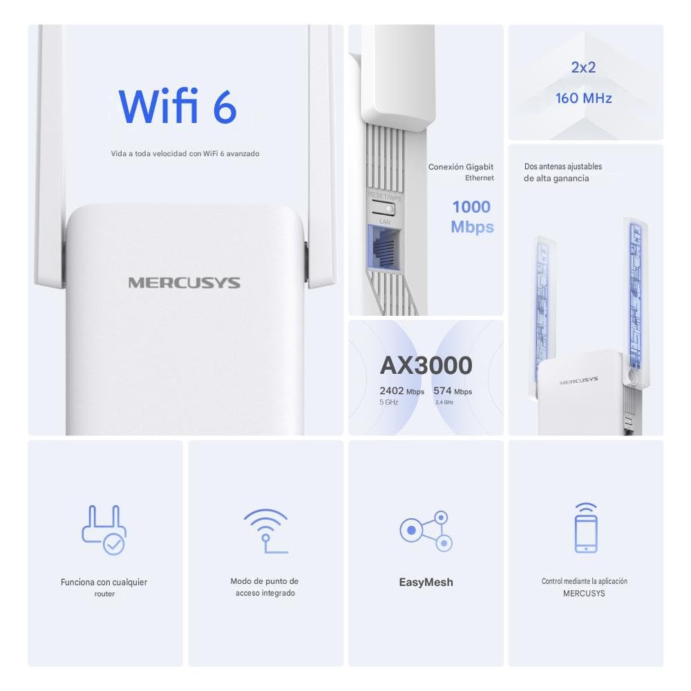 Mercusys Répéteur WiFi 6 Puissant 3000 Mbps, Port Gigabit, ME80X | Compatible toutes box, Améliorez votre couverture jusqu'à 150 m², Idéal pour le Streaming 4K et plusieurs appareils connectés