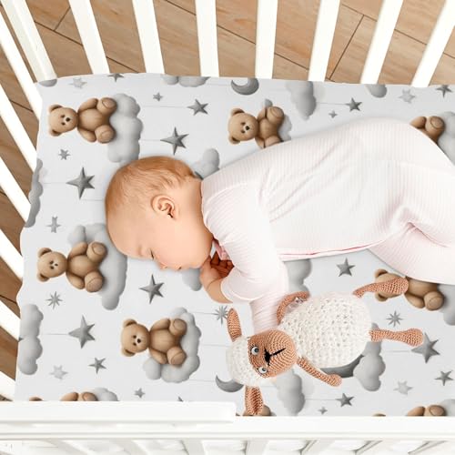 Image of Caikeny Fitted Crib Sheet for Boys Girls Kawaii Bears Moon Grey Clouds Baby Crib Sheets Stars Watercolor Bassinet Sheets Crib Mattress Bed Sheets for Toddler Newborn Infant 52 X 28 in