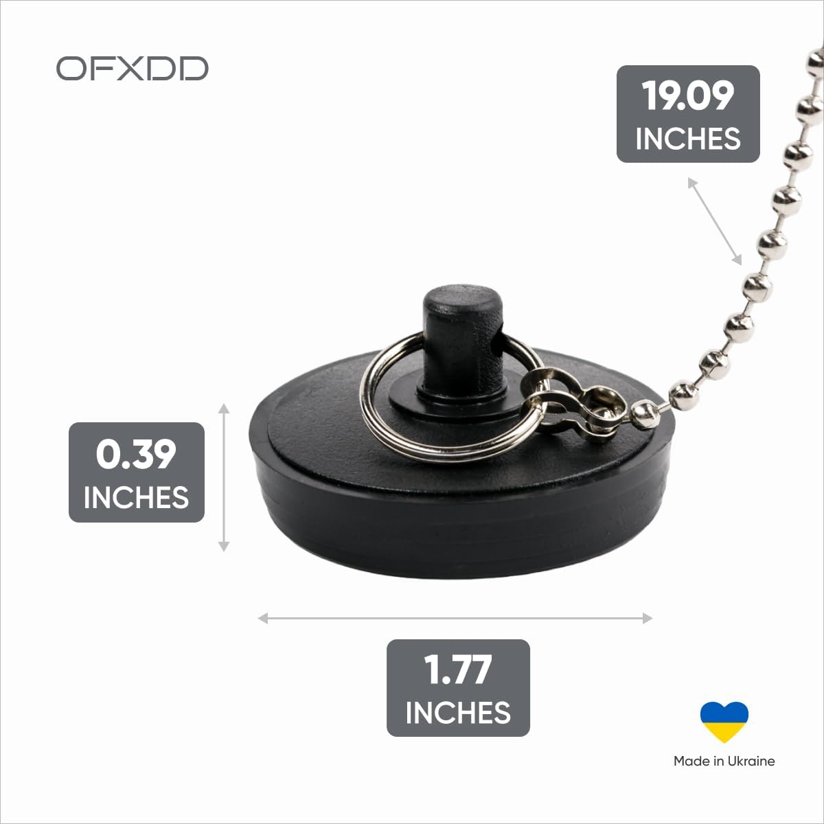 Sink Stopper 1.75" - Bathtub Drain Plug with Chain - Rubber Bath Plug Sink Blocker - Sink Drain Stopper for Kitchen and Bathroom, Black