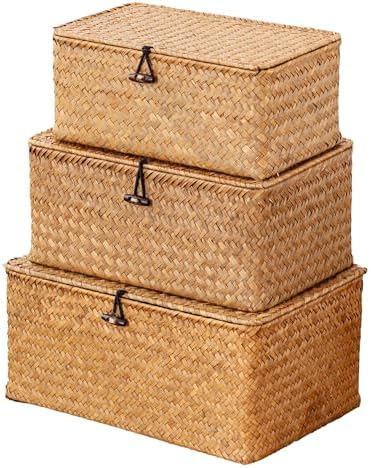 Nonam Storage Basket with Lid, Natural Seagrass Bin with Lid Set ...