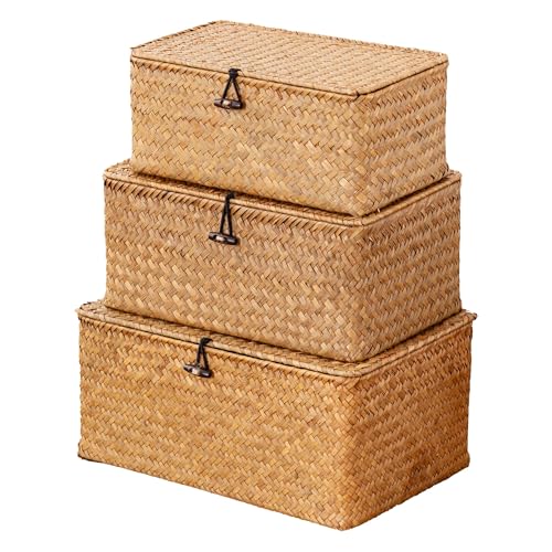 Nonam Storage Basket with Lid, Natural Seagrass Bin with Lid