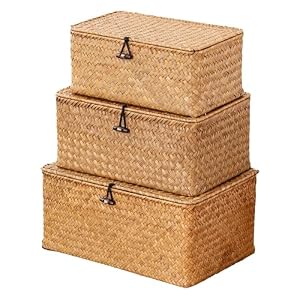 Nonam Wicker Storage Basket with Lid,Seagrass Shelf Basket Set of 3,Natural