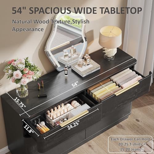 Image of 6 Drawer Dresser for Bedroom, 54 inch Wide Modern Chest of Drawers with Metal Handle, Curved Profile Design, Wooden Black Dresser Closet Clothes Storage TV Stand for Living Room, Hallway