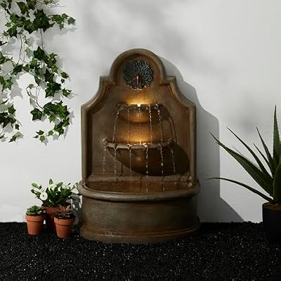 Glitzhome Outdoor Wall Mounted Water Fountain with LED Lights and Pump, Oversized Antique European Style 3-Tier Polyresin Cascading Floor-Standing Fountain for Porch Deck Patio Backyard, 37.25" H