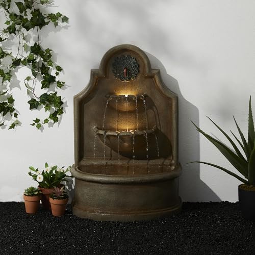 Glitzhome Outdoor Wall Mounted Water Fountain with LED Lights and Pump, Oversized Antique European Style 3-Tier Polyresin Cascading Floor-Standing Fountain for Porch Deck Patio Backyard, 37.25