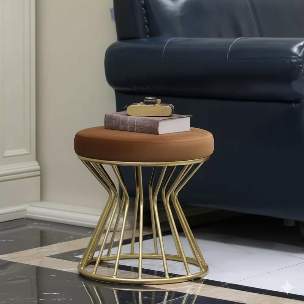 Premium Iron Foot Stool | Golden & Grey | Round Padded Ottoman | Versatile End Table, Vanity Chair, Living Room Seating | Modern Home Decor | Durable Metal Stool (Brown)-image-1