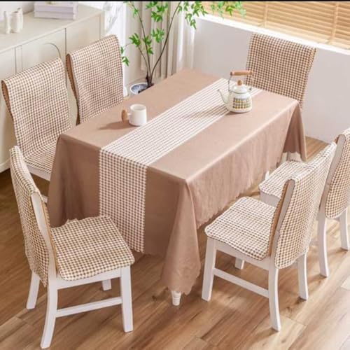 Image of HOMETHREADS Premium Cotton Chair Cover Set | Soft & Comfortable Seat Covers with Anti-Skid Non-Slip Backing + Waterproof Dining Table Cover (140x220 cm) (Beige Box, 6 Chair Covers + 1 Table Cover)