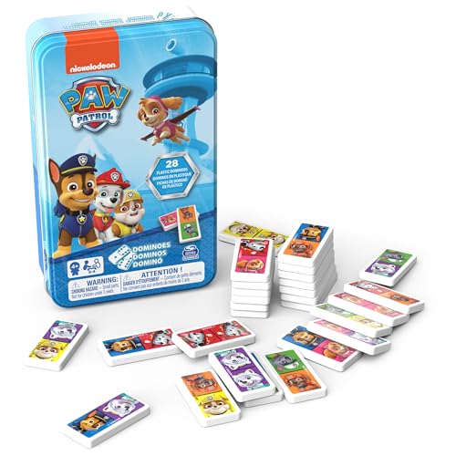 SPIN MASTER GAMES - BOITE METAL DOMINOS Pat' Patrouille - Paw Patrol - Jeu de Société Dominos - 28 Héros - 6033087 - Jouet Enfant 5 Ans et +
