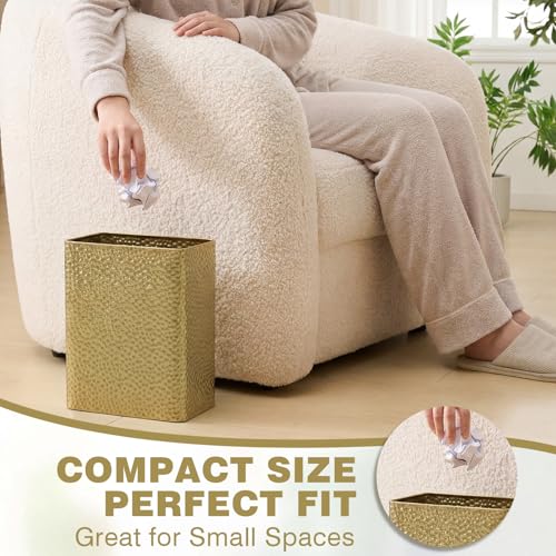 Image of Maxdot 10.63 x 8.86 x 5.51 inches Gold Trash Can for Bathroom Small Metal Waste Basket, Hammered Garbage Can with Brass Finish, Decorative for Bedroom, Office, Kitchen (Rectangle)