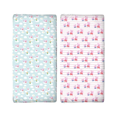Lot de 2 draps-Housses Officiels Peppa Pig de 140 x 70 cm - Super Doux et Respirants - Confortables - Motif Peppa et George - Bleu et Rose