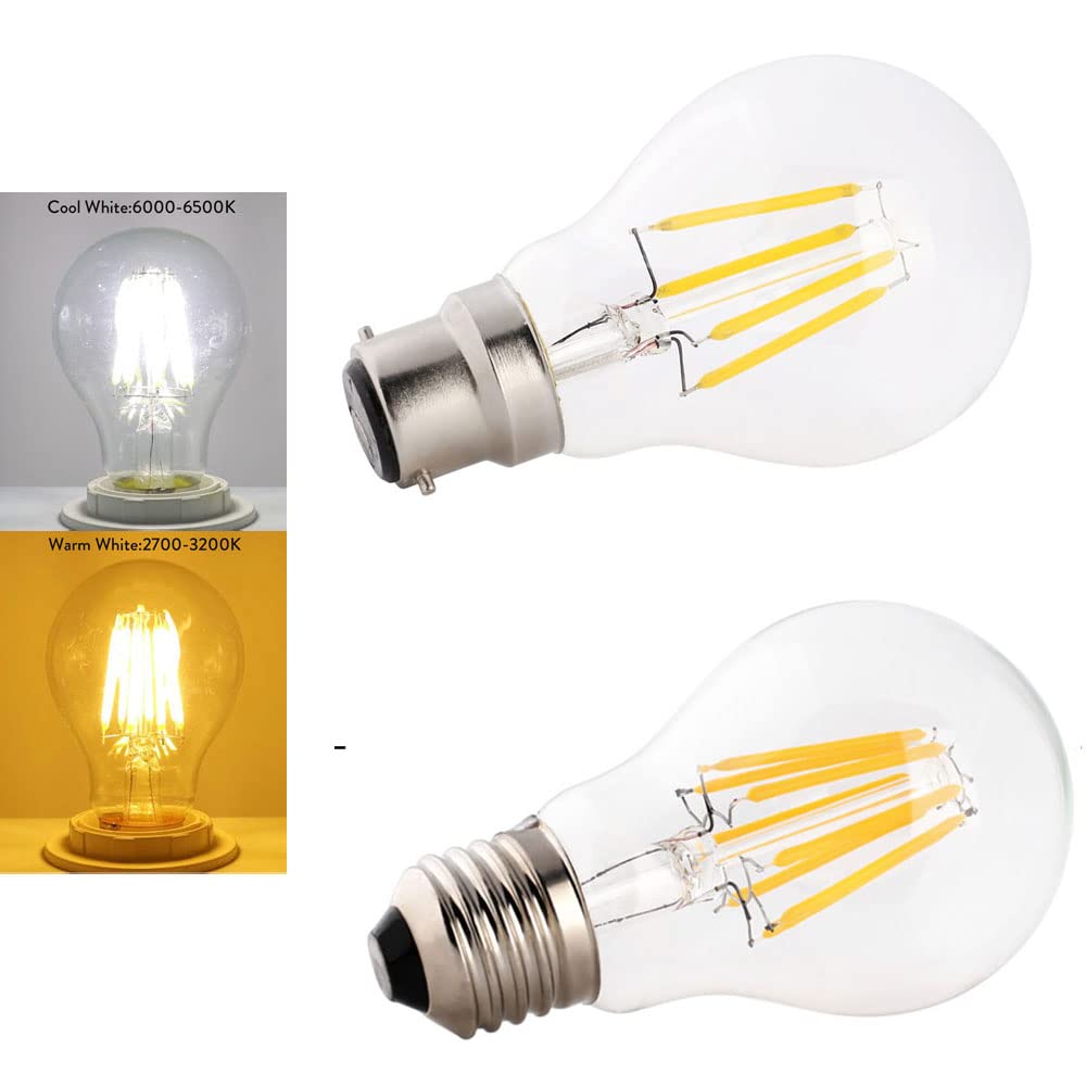1fortunate Paquete de 20, lámpara de luz con filamento LED Retro AC220V E27/B22 2W/4W/6W/8W A60 bombilla Led Edison Vintage carcasa de vidrio transparente(Cold White,E27 4W)
