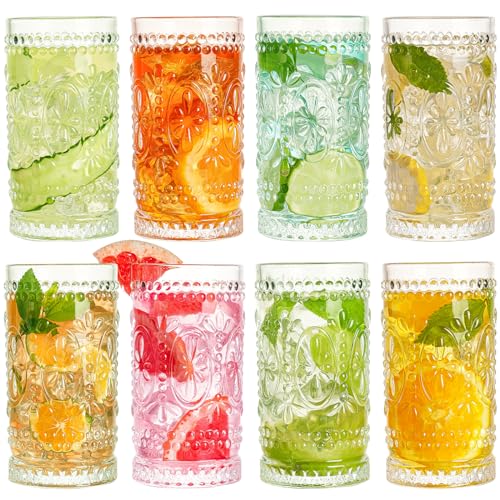 wookgreat Vintage Drinking Glasses, 8 pcs Romantic Glass Cups, 15oz Highball Glasses,Tall Water Glass Tumblers, Mojito Cups, Cocktail Glass, Vintage Glassware Set for Water, Juice, Cocktail, Whiskey