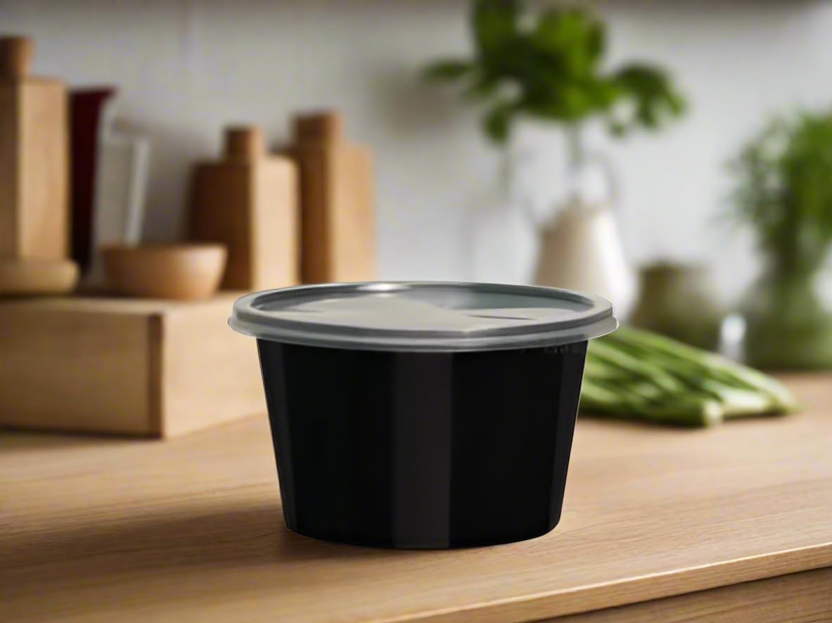 HOT BARGAINS 200 X 4oz/ 100ml Reusable Sauce Pots with Lids Small Size and Black Colour Round containers with lids for food storage (200)