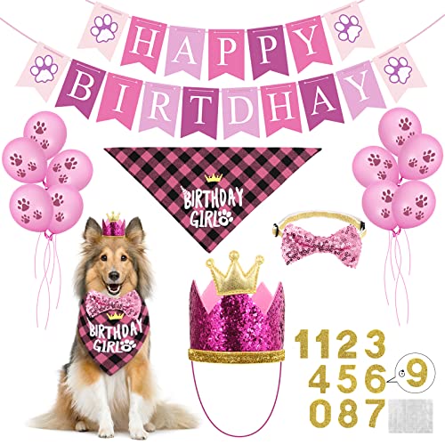 Selemoy Dog Birthday Party Supplies, Dog Birthday Hat Bandana Scarf with Cute Bow Tie, Flag, Balloons for Small Medium Dogs Pets, Doggie Party Supplies Decorations