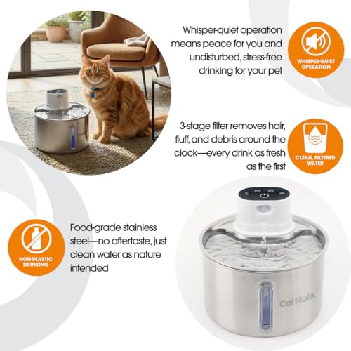 Cat Mate 2 Litre Stainless Steel Cat Water Fountain – Automatic Pet Water Dispenser for Cats, Filtered Drinking Fountain, Hygienic Metal Bowl, Battery Operated - Image 4