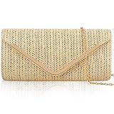 Larcenciel Bolso Mujer Verano Paja, Bolso Rafia Mujer de Playa con Cadena Desmontable, Elegante Clutch Sobre Rafia, Boho Beige Bolso Bandolera, Casuale Cartera de Mano para Bodas Vacaciones 23x12x3CM