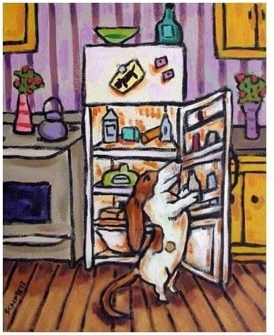 Basset Hound Raiding the Fridge Dog Art Print modern folk kitchen art giclee archival