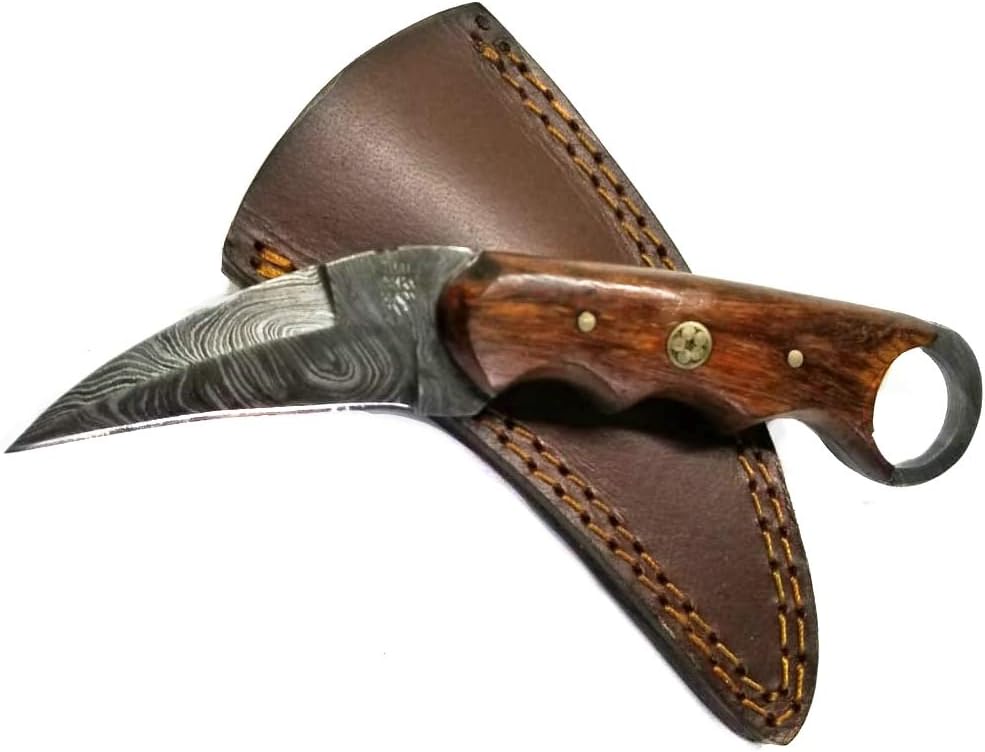 Titan International Knives Karambit Carbon 1080 Steel | Fixed Blade Color Coated Hand Pounded | Diamond Wood Scales Double Edge & Leather Sheath
