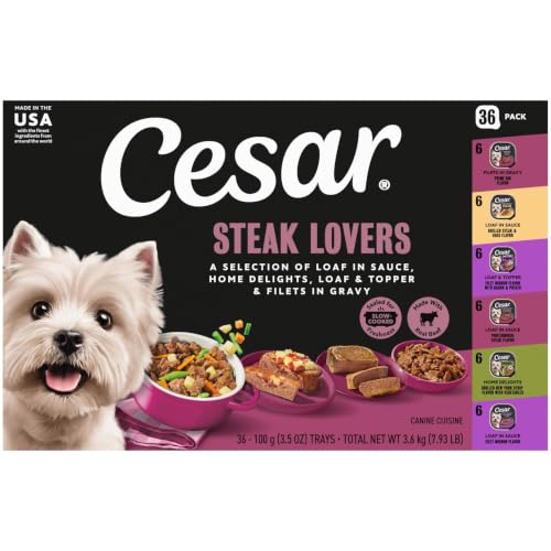 Cesar Adult Wet Dog Food Steak Lovers Variety Pack with Real Meat, 3.5 oz. Easy Peel Trays, 36 Count...