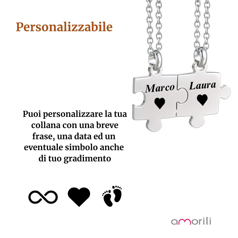 Collana Coppia Puzzle che si Divide a Metà in Acciaio Inox Lucido | Gioiello per Fidanzati e Migliori Amiche | Ciondolo Metà Cuore Amicizia Amore | Idea Regalo per Lei e Lui cll1881b